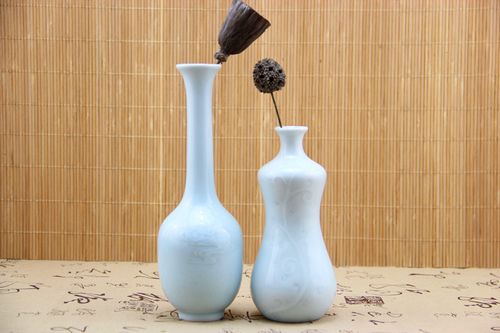中国风手工雕刻暗纹花卉陶瓷花器白瓷花插特色家居软装饰品礼物